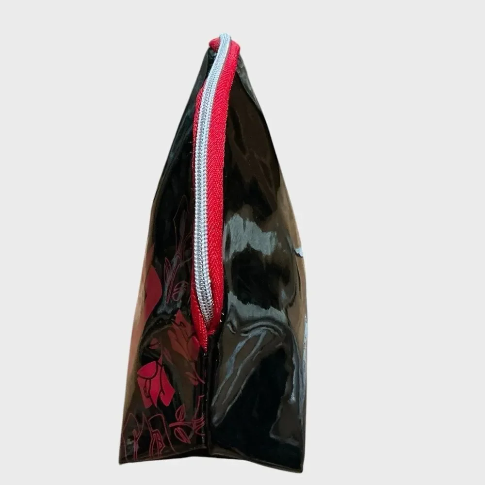 Lancôme Patent Floral Makeup Bag Cosmetic Pouch Travel Case Black Red
